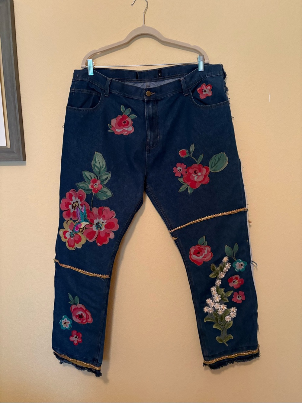 Upcycled, Embellished, Embroidered Floral Dark Blue Jeans
